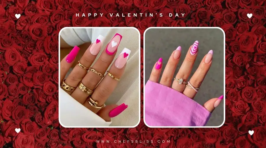 valentine’s day bold pink heart nail ideas