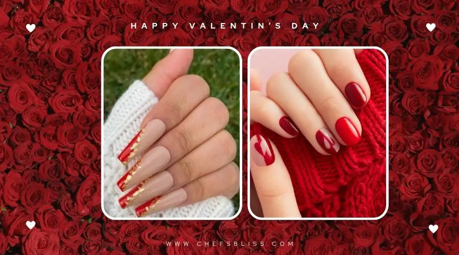 valentine’s day gold and red nail ideas