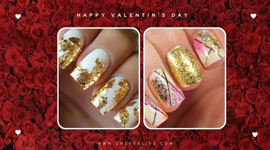 valentine’s day gold foil accent nail ideas