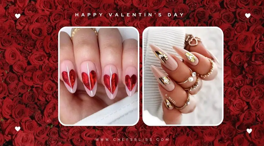 valentine’s day gold foil heart nail ideas