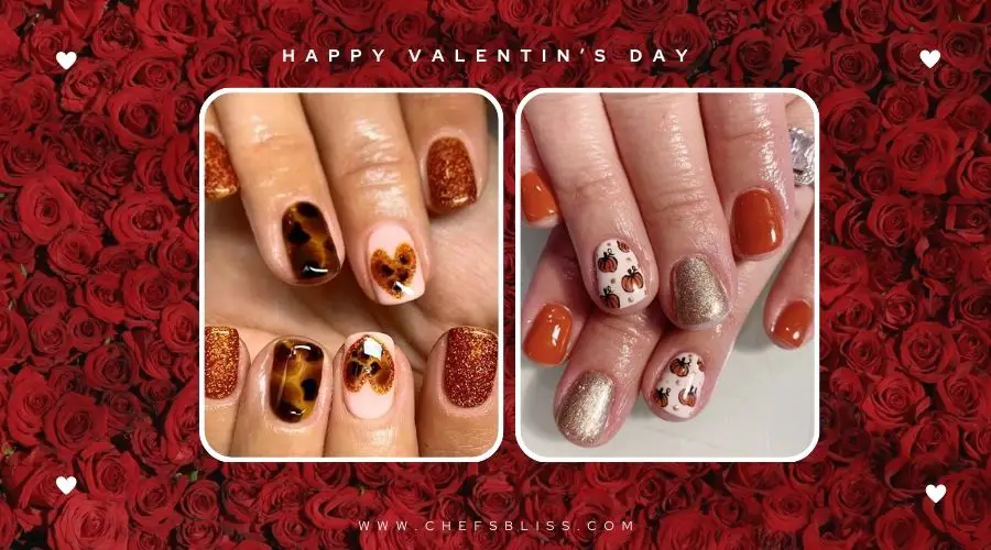 valentine’s day gold glitter heart nail ideas