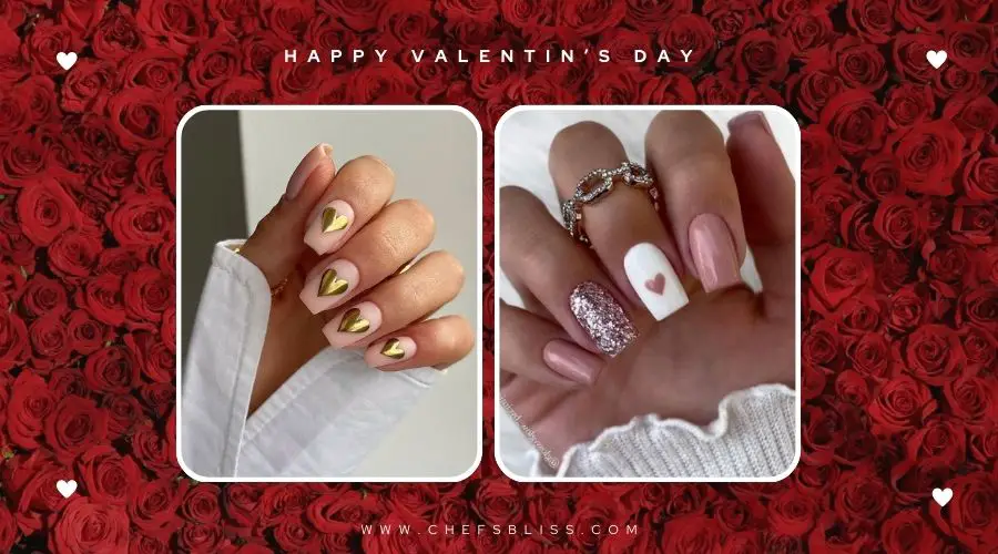 valentine’s day gold heart accent nail ideas