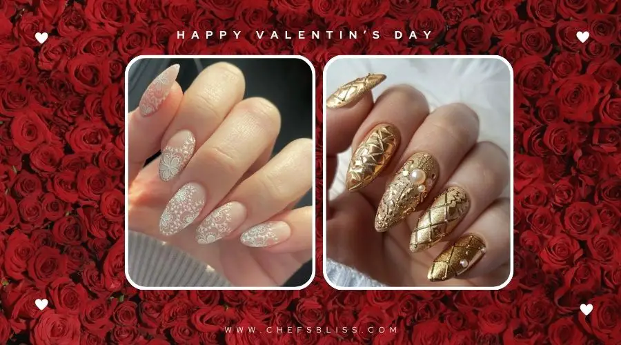 valentine’s day gold lace nail design ideas