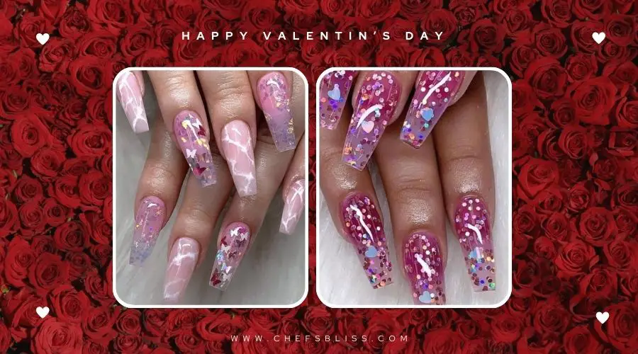 valentine’s day lace heart confetti nail ideas