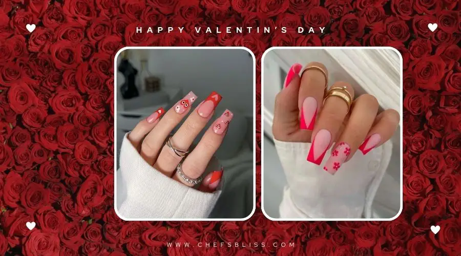 valentine’s day pink floral heart nail ideas