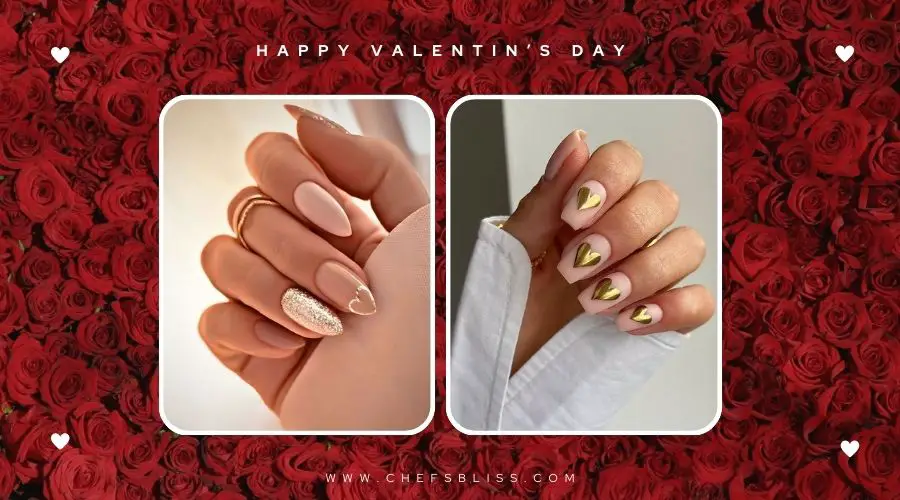 valentine’s day playful gold heart nail ideas