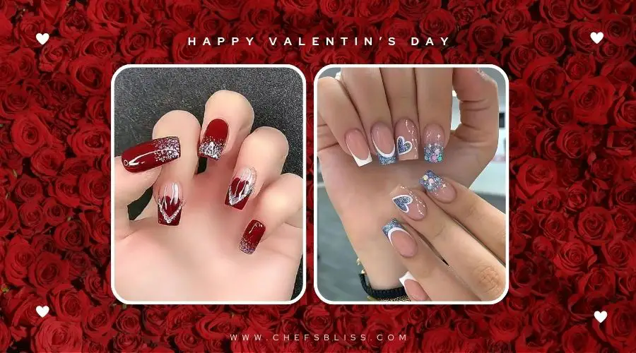 valentine’s day silver glitter heart nail ideas