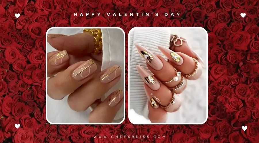 valentine’s day whimsical gold heart nail ideas